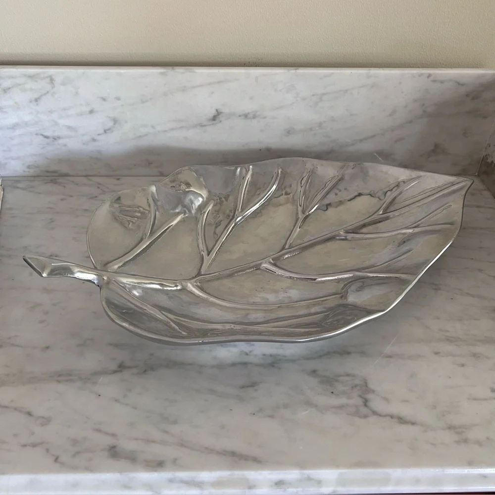 Large Pewter Leaf-Shaped Footed Decorative Tray Platter Approximately 24” x 13”